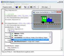 EOS-Hauptfenster mit offener Code-Vervollständigung und sichtbarer letzter Programmausgabe